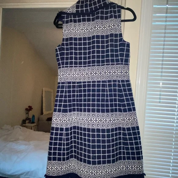 Tory Burch navy and white tweed sleeveless Carlsbad sheath Collared Dress